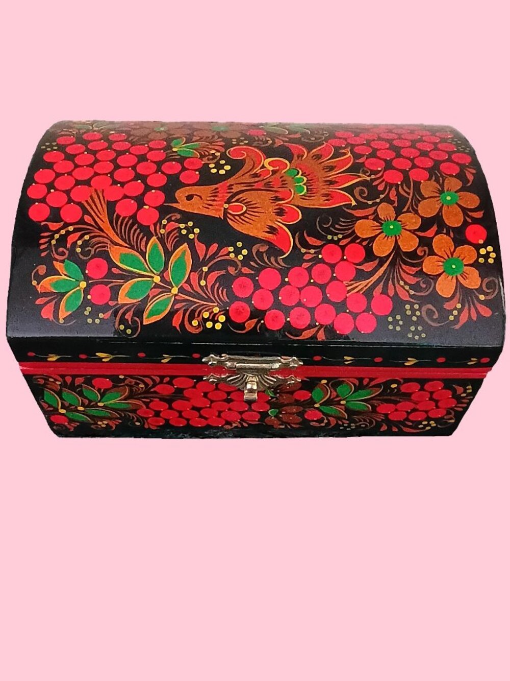Russian Vintage Signed Hand-Painted Lacquer Folk Jewelry Box
